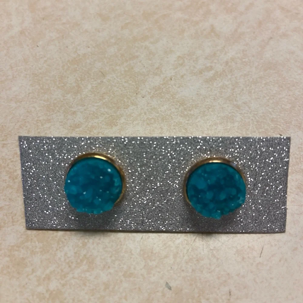 Blue Drusy Druzy Quartz Stud Pierced Earrings Gold tone halo Womens Jewelry